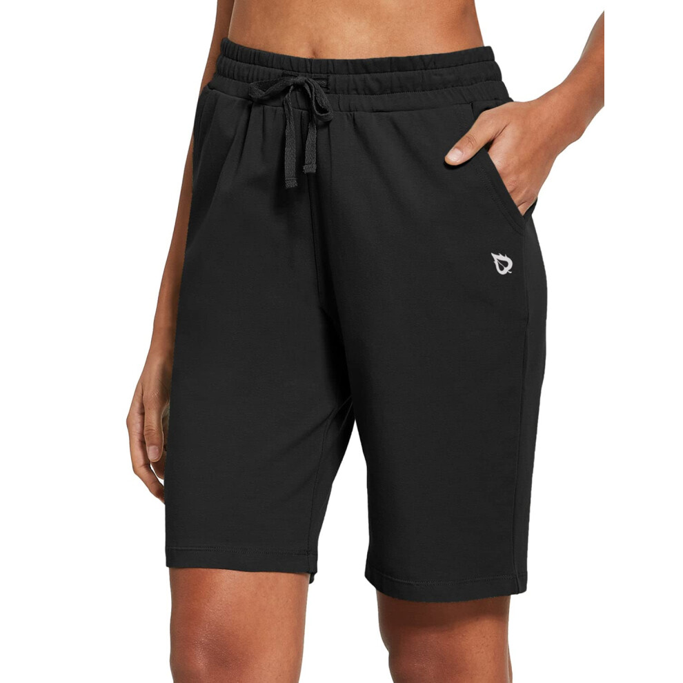 BALEAF Short Bermuda Long en Coton pour Femme de 10" - Short Décontracté d'Été Longueur Genou à Enfiler - Short de Marche avec Poches - Noir S