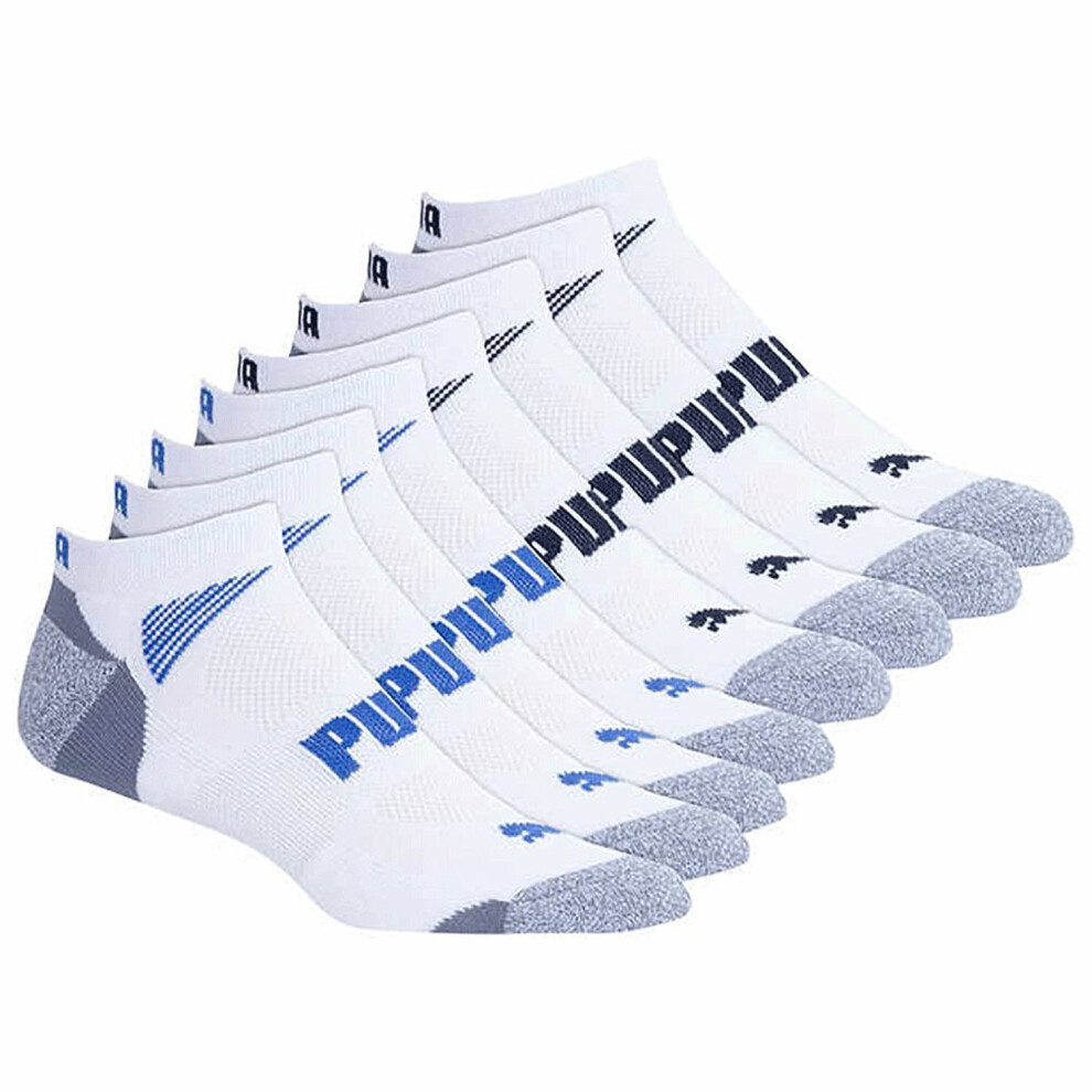 Puma Men's No show Sport Socks  Moisture Control  Arch Support 8 Pair Extended Size - Shoe Size 12-16  White