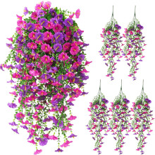 (Mix) Artificial Hanging Flowers for Outdoors,5Pcs UV Resistant Faux Petunias,Long Vines Morning Glory Eucalyptus for Outside Planter Porch Patio Home Decor