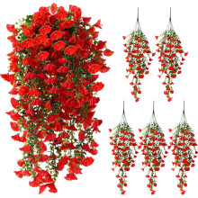 (Red) Artificial Hanging Flowers for Outdoors,5Pcs UV Resistant Faux Petunias,Long Vines Morning Glory Eucalyptus for Outside Planter Porch Patio Home Decor