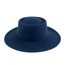 (Navy Blue) Hat Britishstyle Formal Wide Brim Flat Top Solid Winter Color Frenchinspired