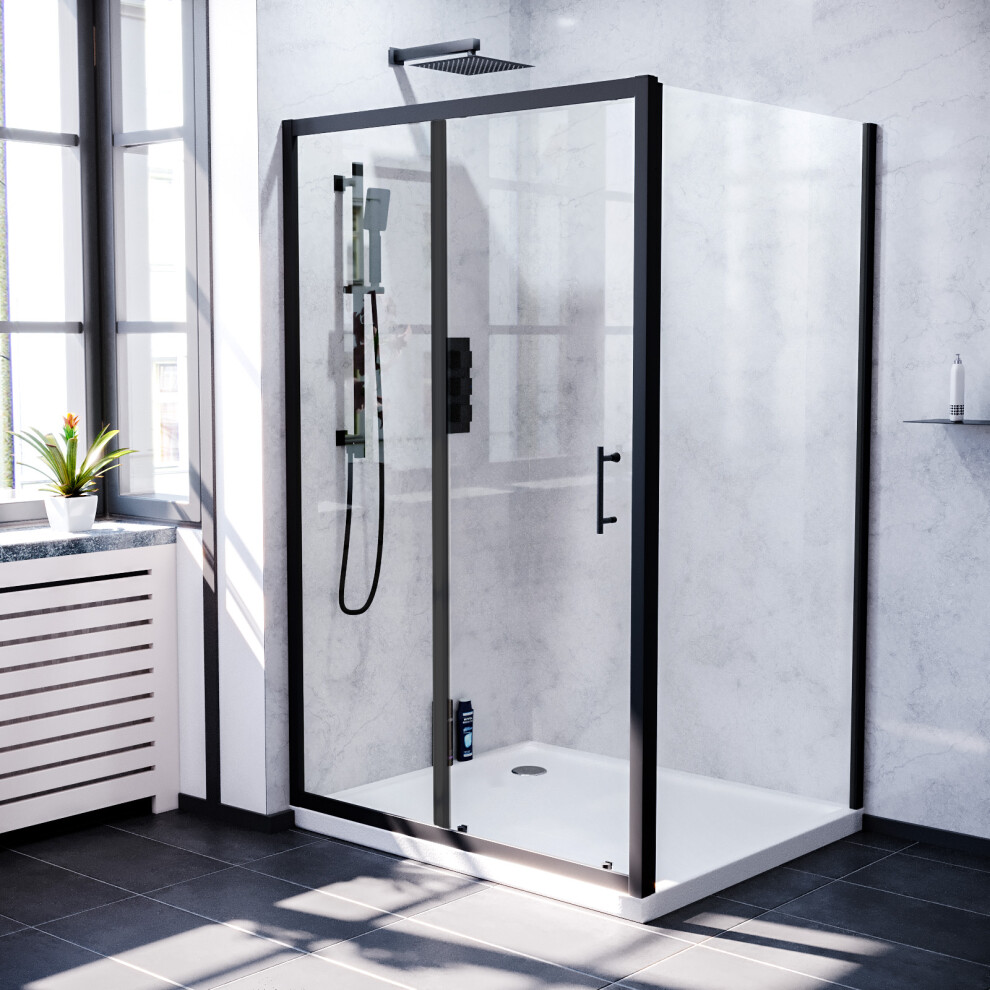 Nes Home Matt Black 1400 x 800mm Shower Enclosure Sliding Door & Glass Side Panel Screen