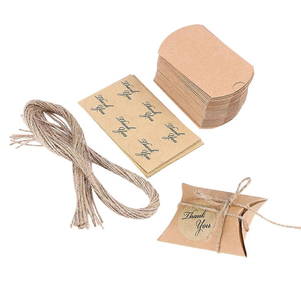 Kricely (As Show, One Size) 300Pcs Paper Boxes Pillow Candy Box Gift Box Kraft Paper Gift Box Vintage Style Wedding Party Favors Supplies With Hemp Rope
