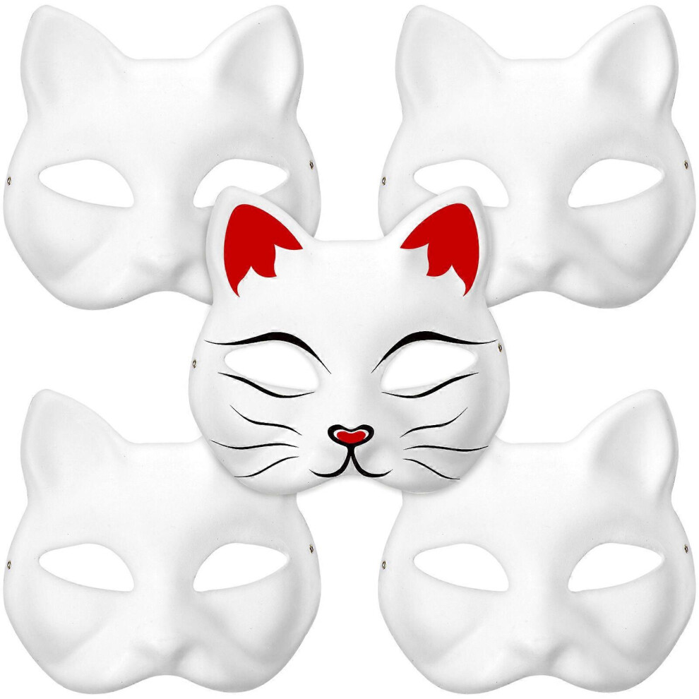 Kricely (As Show, One Size) 5 Pcs Cat Masks Paper Blank Hand Painted Masks Halloween Masquerade Costume Cosplay Accessories White