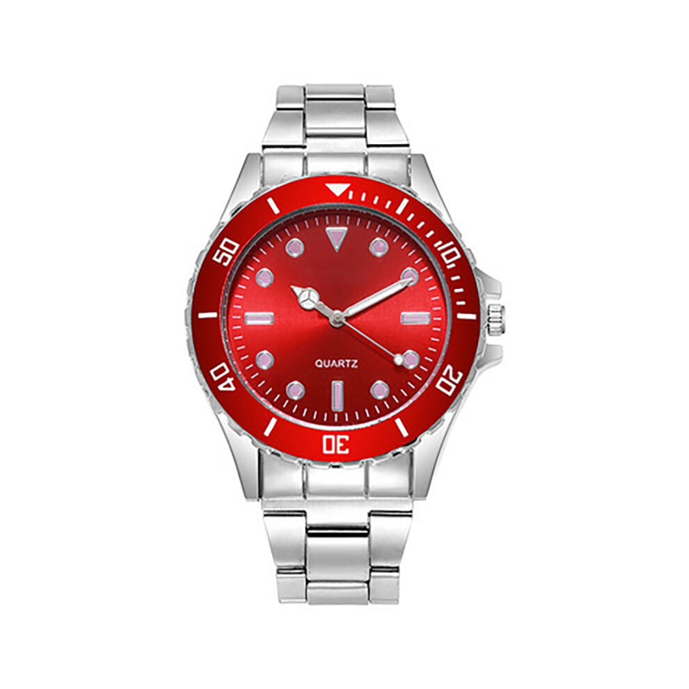(Red) Men Stainless Fashion Steel Wrist Watch Business Style Fluorescent Gift Student
