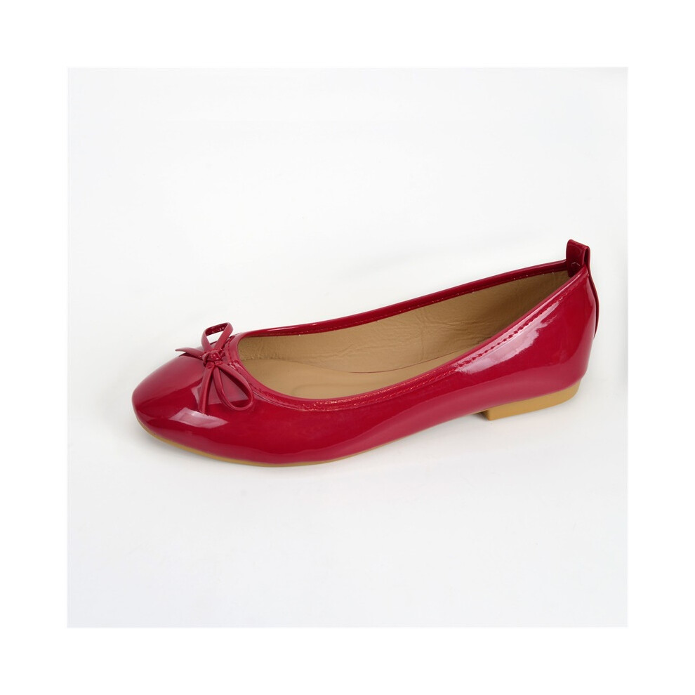 (Red, 38Foot Length=24cm/9.4 in) Shoes Ballet Round Toe Flat Solid Color Pu Leather Bow Low Heel Breathable Women
