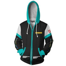 (Black, 2XL) Hatsune Miku Anime Vocaloid Hoodie Zipper Sweatshirt Cosplay Costume Jacket Coat