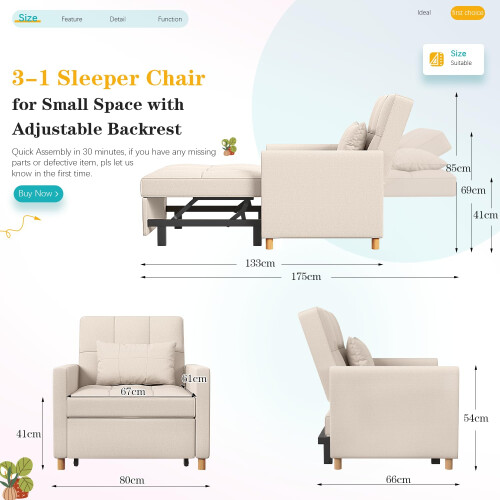(Beige) YODOLLA Adjustable Sofa Bed Chair Sleep Armchair 2