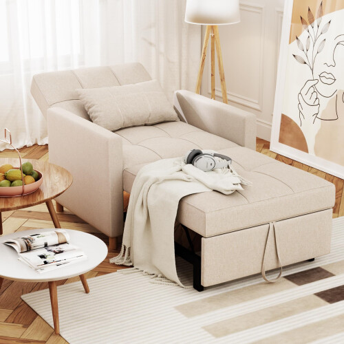 (Beige) YODOLLA Adjustable Sofa Bed Chair Sleep Armchair