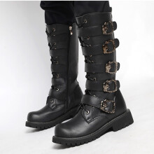 (EU40=Foot Length25cm) Army Boot Men Military Pu Leather Combat Metal Buckle Male Punk Boots Motorcycle