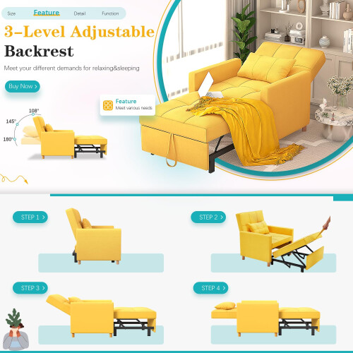 (Yellow) YODOLLA Adjustable Sofa Bed Chair Sleep Armchair 2