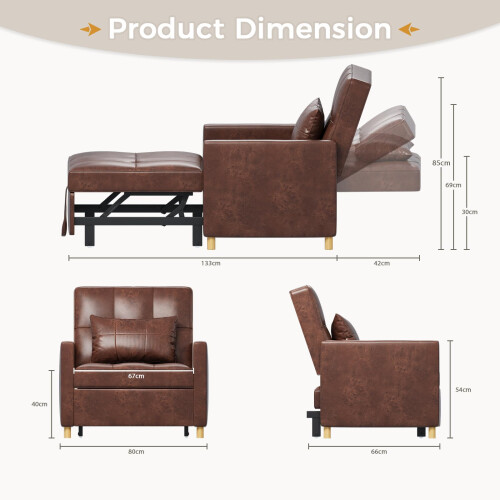 (Brown) YODOLLA Adjustable Sofa Bed Chair Sleep Armchair 2