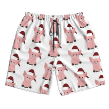 (Pink Christmas Pig In Santa Hat_8157) Famgem Men's Beach Shorts Hawaiian Swim Trunks with Pockets Quick Dry Board Swimwear Bathing Graphic Printed Suit for Surfing Lounge Running Gifts