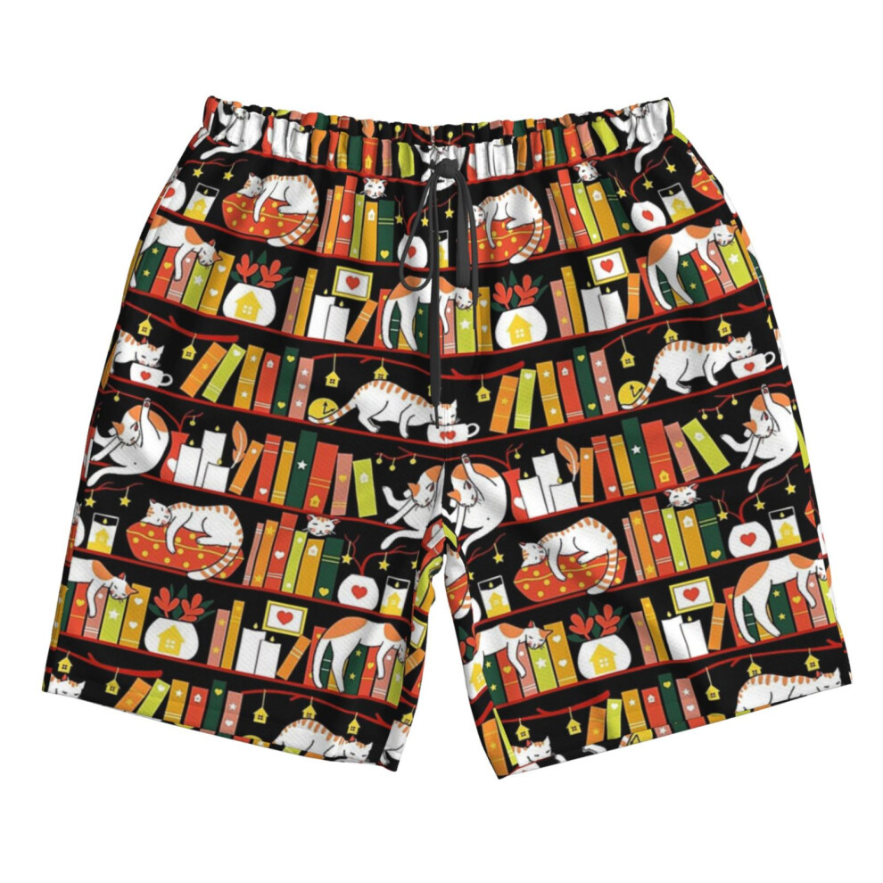 (Library Cats - Autumn Colour Version _22303) Famgem Men's Beach Shorts Hawaiian Swim Trunks with Pockets Quick Dry Board Swimwear Bathing Graphic Pri-image-OPC-PH2XPTD-NEW