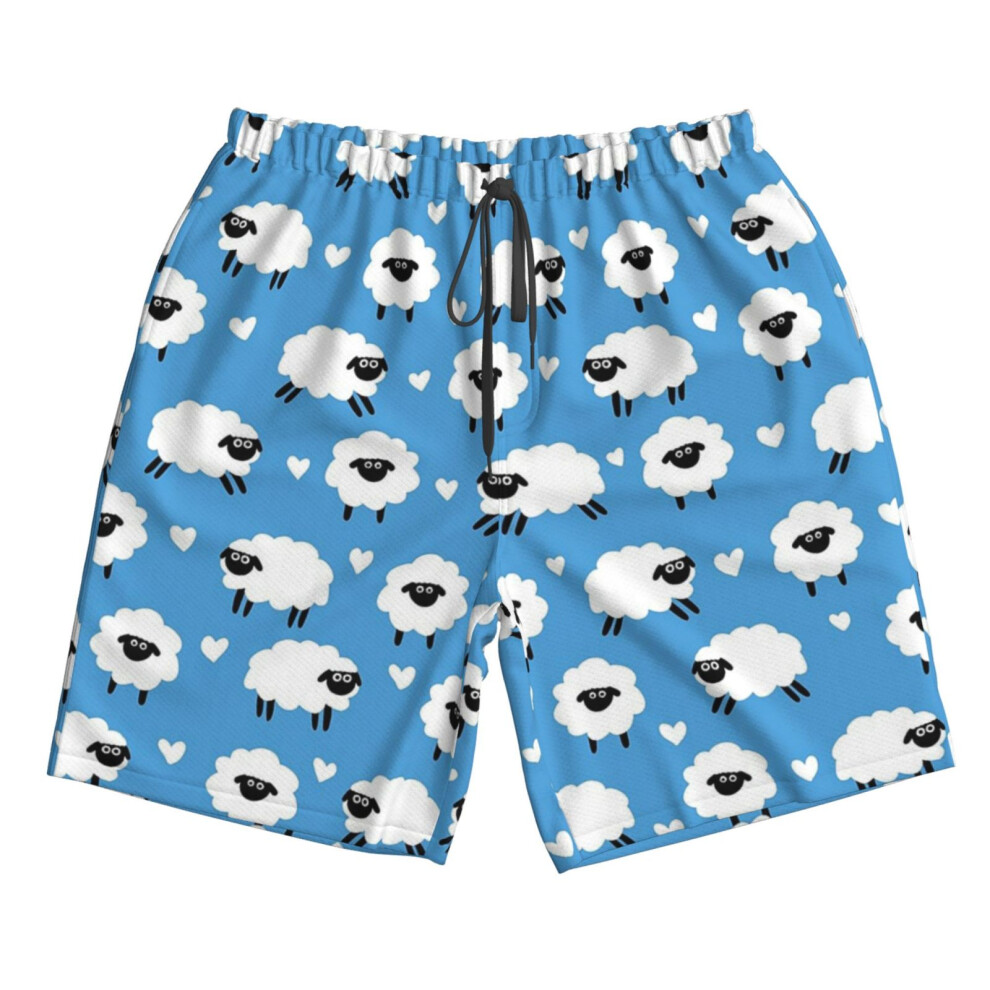 (Sheep And Hearts Pattern - Blue_8336) Famgem Men's Beach Shorts Hawaiian Swim Trunks with Pockets Quick Dry Board Swimwear Bathing Graphic Printed Suit for Surfing Lounge Running Gifts