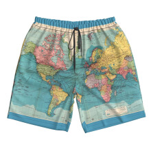 (Vintage Blue Rainbow Historical World Map_10385) Famgem Men's Beach Shorts Hawaiian Swim Trunks with Pockets Quick Dry Board Swimwear Bathing Graphic Printed Suit for Surfing Lounge Running Gifts