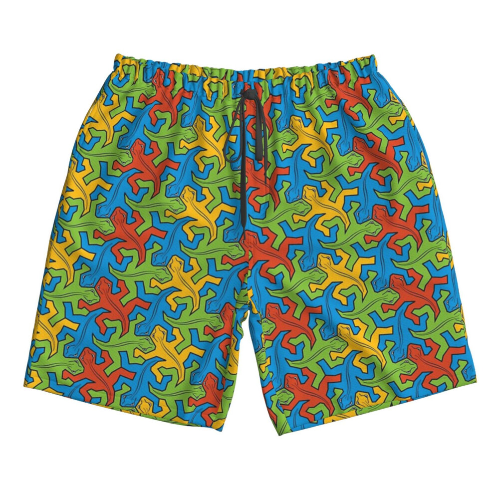 (The Many Lizard Escher Pattern_3970) Famgem Men's Beach Shorts Hawaiian Swim Trunks with Pockets Quick Dry Board Swimwear Bathing Graphic Printed Sui-image-OPC-PH2XX6Z-NEW