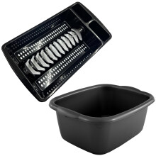 Black 9.5L Washing Up Bowl with Dual-Compartment Dish Drainer Rack - Durable Plastic, Integrated Handles