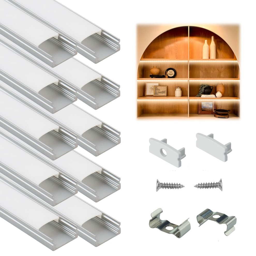 Muzata 10Pack 6.6FT/2M LED Profile with Milky White Cover Silver Aluminum U Shape Diffuser Channel LED Strip Light Diffuser Easy Installation U1SW WW