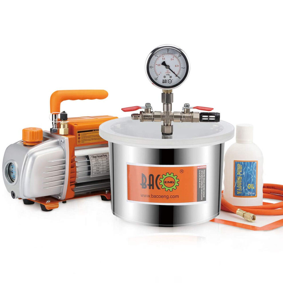 BACOENG 6.8 Liter Vacuum Chamber Kit with 3 CFM Single Stage Vacuum Pump, 3 Pin UK Plug-image-OPC-PH2Z9QF-NEW