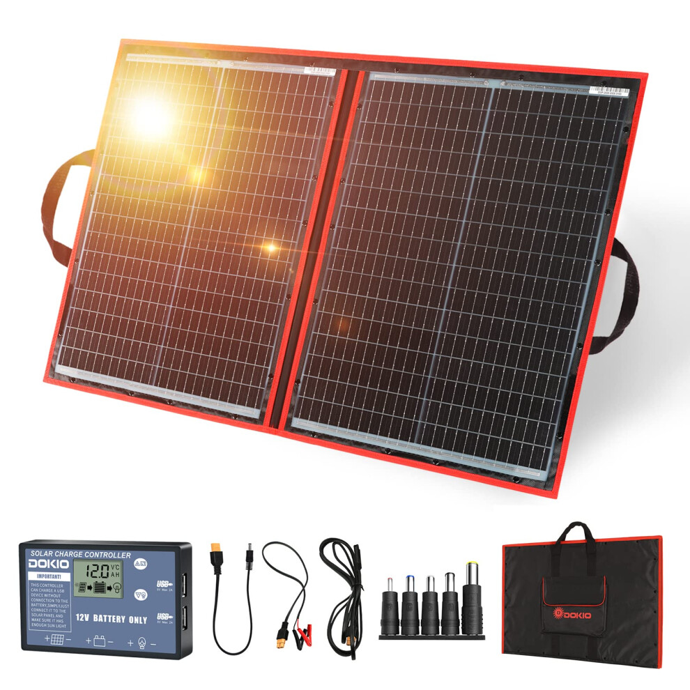 Dokio 100W 12V Foldable Solar Panel Kit Monocrystalline With Solar Controller (2 Usb Output) For 12V Battery Charging, Caravan, Rv, Boat, Camper 5051219982132