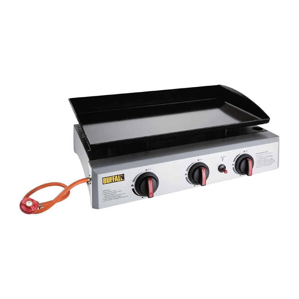 Buffalo 7.5Kw Portable Outdoor 3 Burner Gas Griddle Barbecue Hotplate | Stainless Steel | Cooking Area: 630 X 360Mm | Supplied With Lpg Gas Regulator