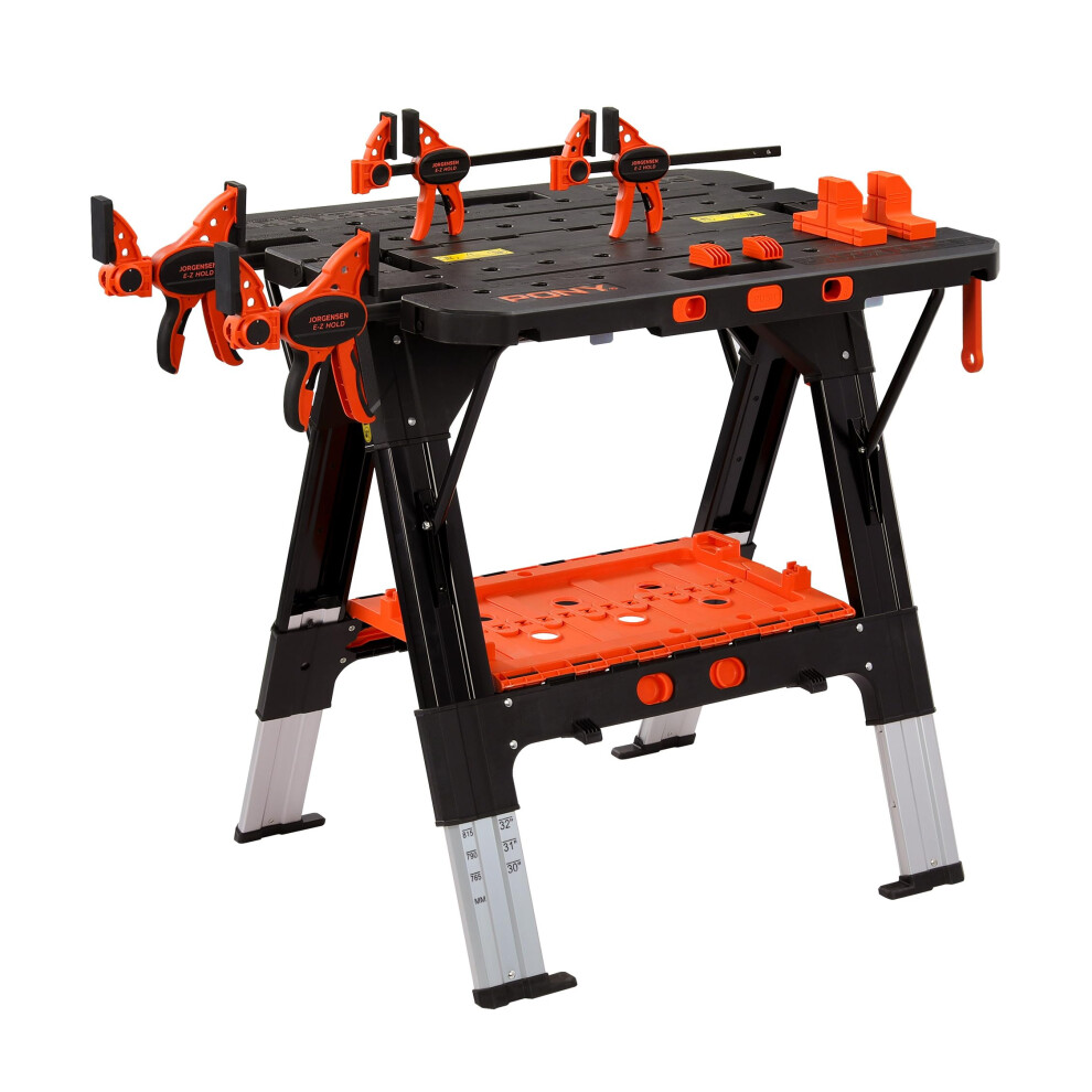PONY 2-in-1 Folding Workbench, 227 kg Work Bench & 454 kg Saw Horse, 6 Adjustable Height Portable Work Table4 Quick Clamps, 4 Clamp Dogs & Tool Tray,