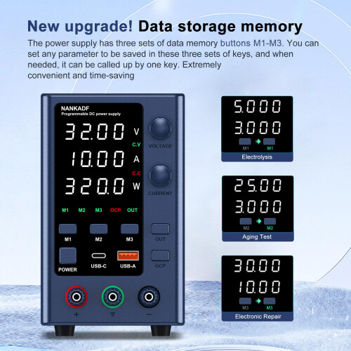 DC Power Supply 0-32V 0-10A, Lab DC Power Supply Variable with Memory Storage, Bench Power Supply with Encoder Adjustment & USB-A/Type-C Fast Charging 1