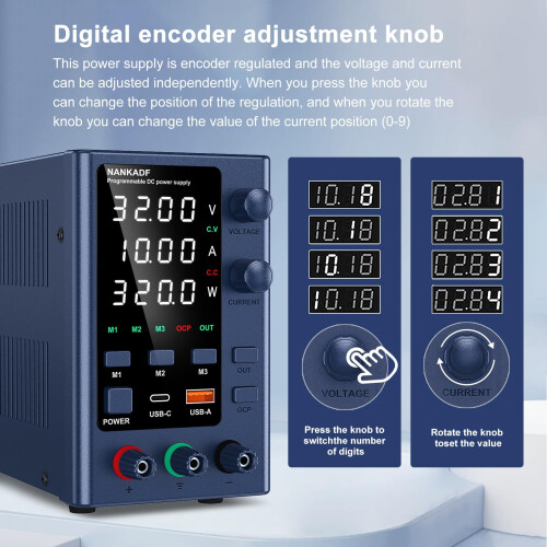 DC Power Supply 0-32V 0-10A, Lab DC Power Supply Variable with Memory Storage, Bench Power Supply with Encoder Adjustment & USB-A/Type-C Fast Charging 2