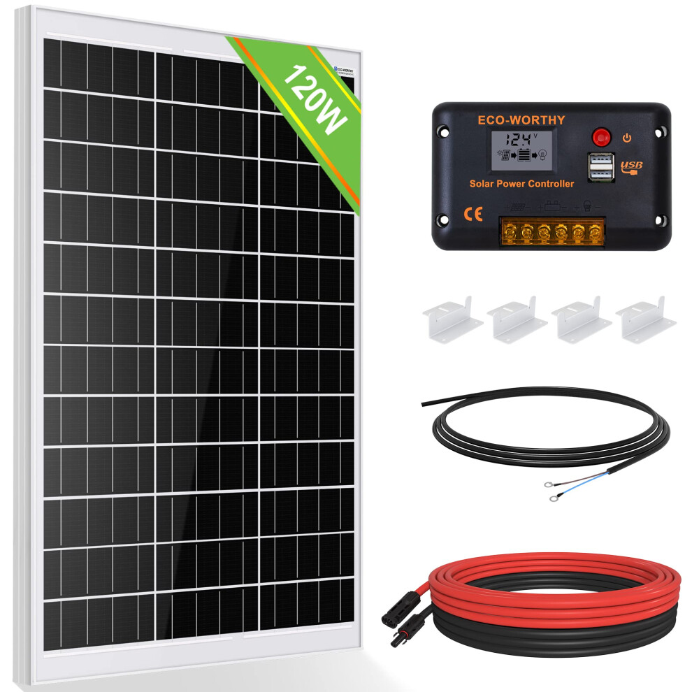 Eco-Worthy 120W 12V Solar Panel Kit 0.5Kwh/Day Off-Grid Kit For Rv Campervan Boat Camping:120w Mono Solar Panel + 30A Pwm Solar Charge Controller + Z 5051219979385