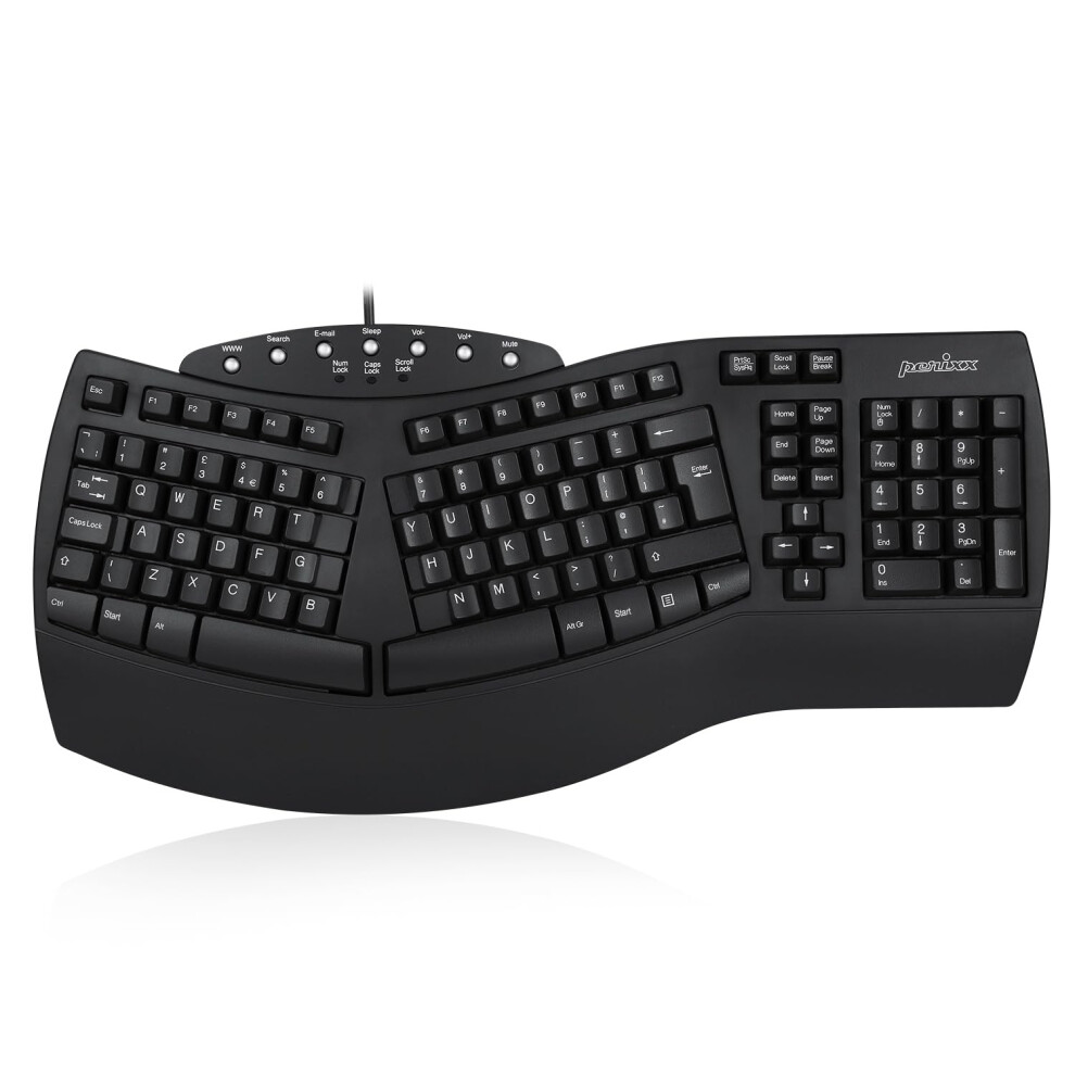 Perixx Periboard-512 Ergonomic Split Keyboard, Curved Design, Wired Usb, Multimedia Keys, Uk Qwerty Layout, Black 5051219987953