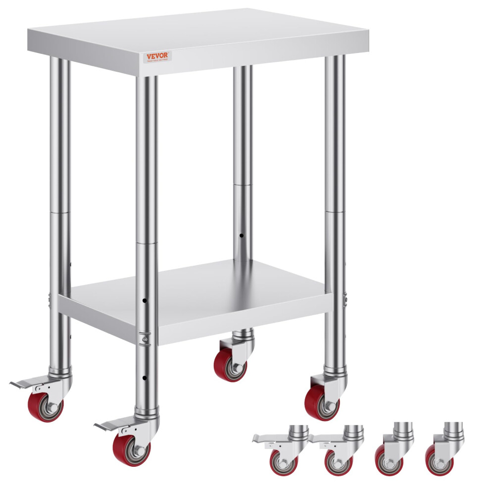 Mophorn Stainless Steel Catering Work Table 24x18 Inch Commercial Kitchen Table with 4 Wheels Commercial Food Prep Workbench with Flexible Adjustment