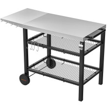 Onlyfire Heavy Duty BBQ Trolley Food Prep Table, Stainless Steel Flattop Worktable with Side table, Two-layer Steel Basket and Utensil Holder