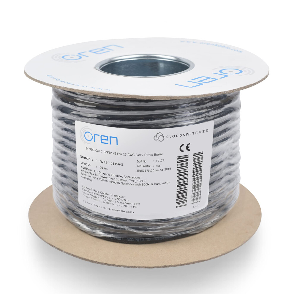 Oren Cat7 Outdoor Ethernet Cable 50M - Direct Burial - 23 Awg Pure Copper Wire - 900 Mhz Bandwidth S/Ftp Internet Lan Network Cable, Halogen Free, 5051219983337