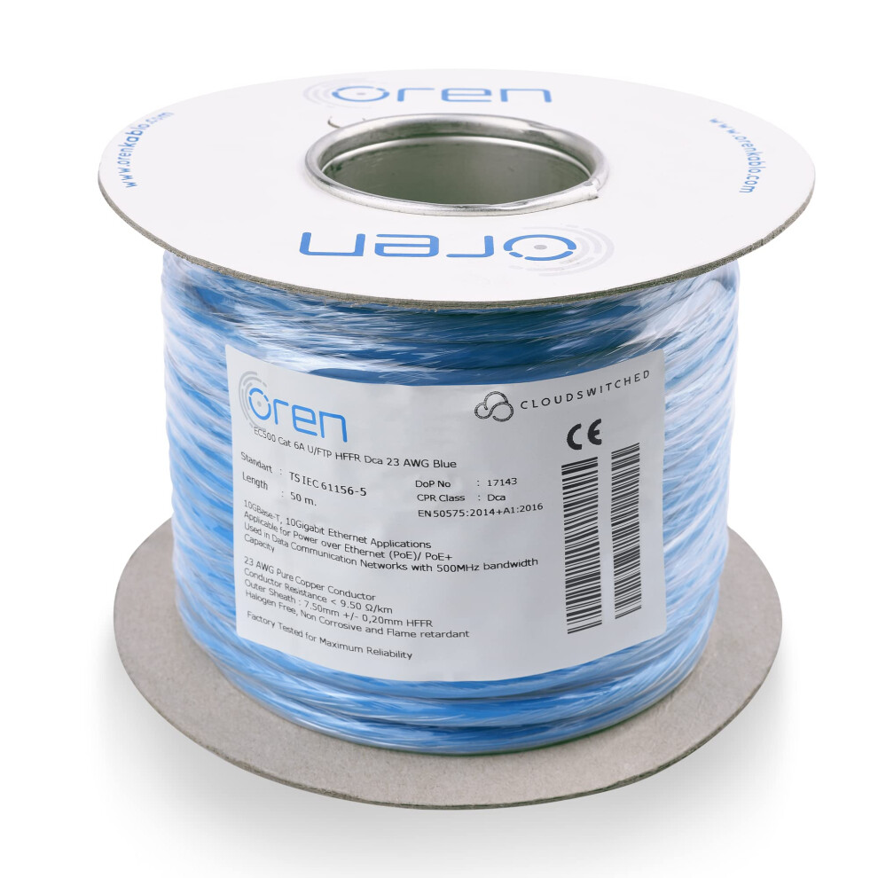 Oren Cat6a Ethernet Cable - 50M, 23 Awg Pure Copper Wire - 500 Mhz Bandwidth, U/Ftp, 10Gbe High Speed 5051219984389