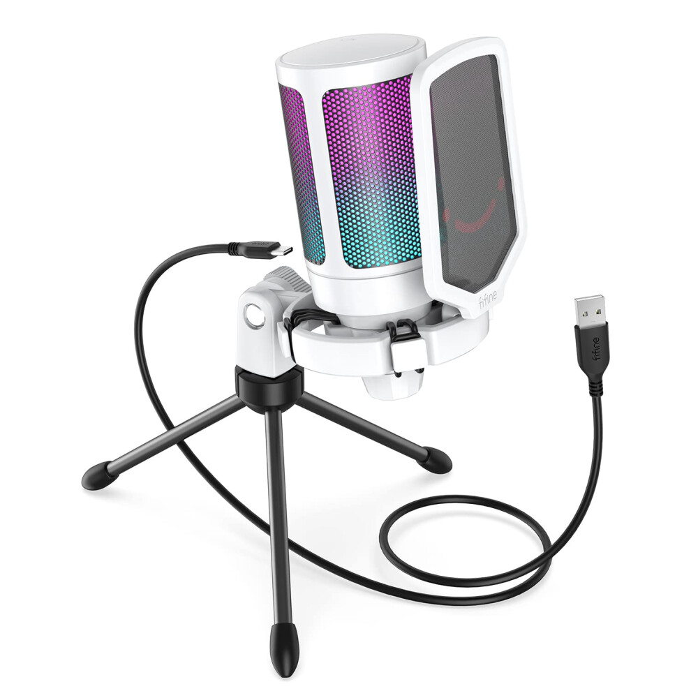 Fifine Usb Microphone For Gaming Streaming, Pc Computer Desktop Rgb Mic With Condenser Cardioid Capsule, Gain Knob, Shock Mount, Stand For Home Use,