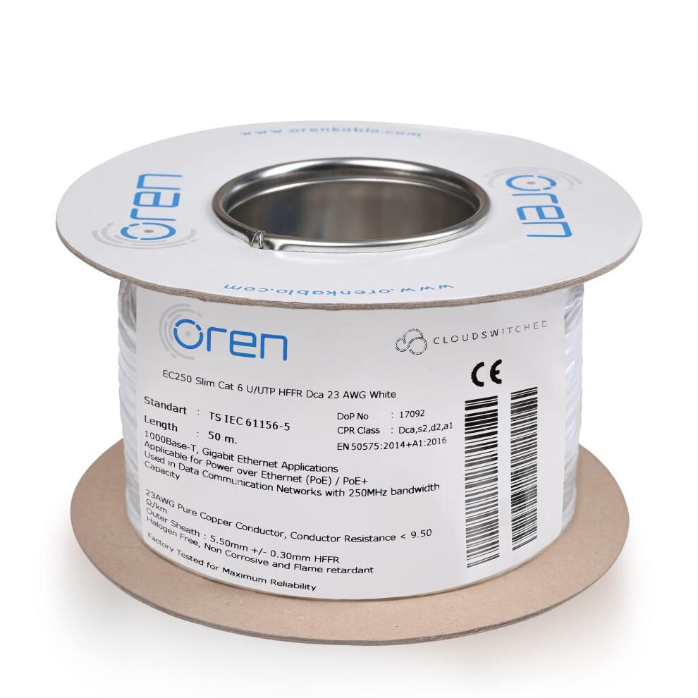 Oren Cat6 50M Ethernet Cable - Slim - 23 Awg Pure Copper Wire - 250 Mhz Bandwidth Utp Internet Lan Network Cable - Halogen Free, Non-Corrosive - White 5051219986987