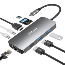 USB C Hub Multiport Adapter for MacBook/Dell/HP, 9 IN 1 USB C Dongle Laptop Docking Station with 4K HDMI Ethernet, USB C to RJ45 Ethernet, 3 USB Port,