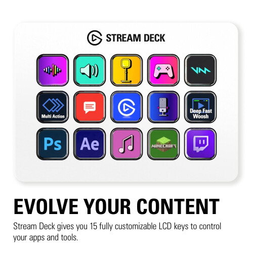 Elgato Stream Deck MK.2 White ? Studio Controller, 15 macro keys, trigger actions in apps and software like OBS, Twitch, ?YouTube and more, works with 1