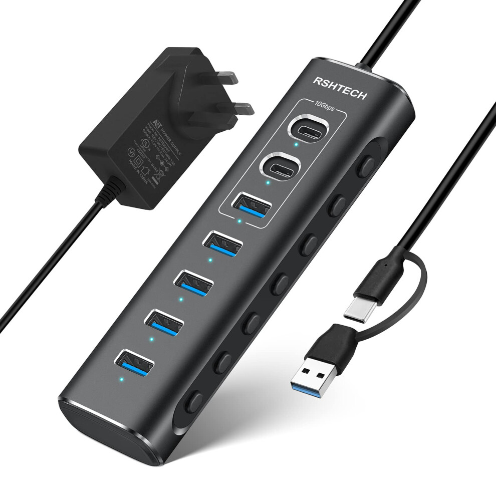 Rshtech Powered Usb 3.1/3.2 Hub,7-Port Usbc Hub With 3X 10Gbps Data Ports (2C+1A), 4X Usb-A 3.0 And 12V/2A 24W Power Adapter, Aluminum Usb3.2 Splitter 5051219986048