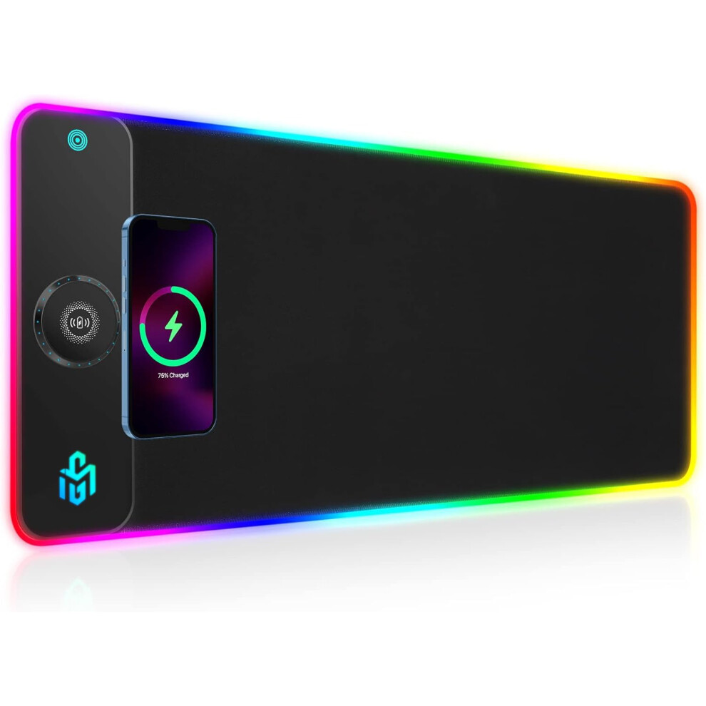 Gim Wireless Charging Rgb Gaming Mouse Pad 15W, Led Mouse Mat 800X300x4mm, 10 Modes Extra Large Mousepad Non-Slip Rubber Base Computer Keyboard Light 5051219983177