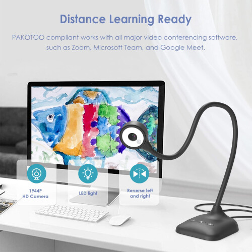 PAKOTOO Document Camera & USB Visualizer 5MP, for A3 Size, LED Light, iOS, Dual Microphone, Image Inversion, Folding with Zoom, Skype, Teams, OBS. for 1