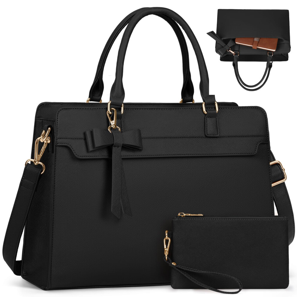 RAINSMORE Laptop Bags for Women 15.6 Inch Large Laptop Tote Bag PU Leather Ladies Laptop Handbag with Clutch Bag Water Resistant Work Bags for