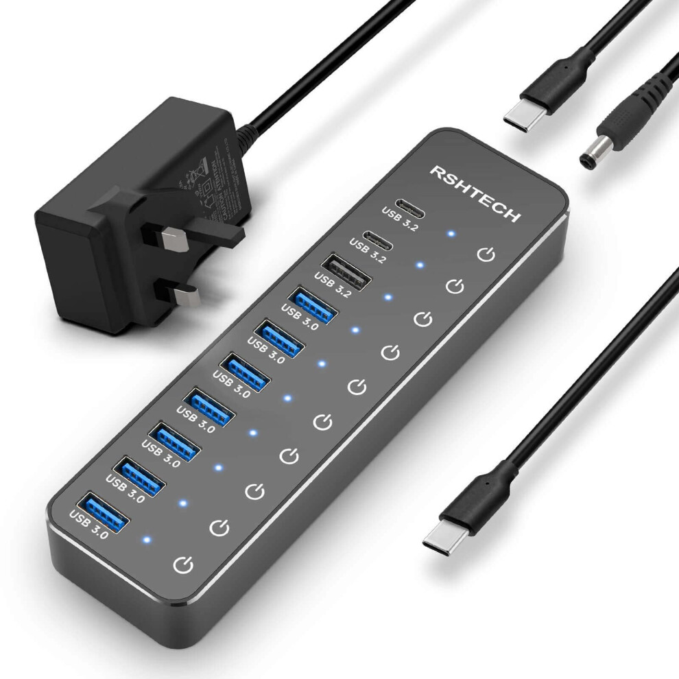 Rshtech Powered Usb-C Hub 3.2, 10-Port Usbc Hub With 3X 10Gbps Usb 3.2 Data Ports (2C+1A), 7X Usb-A 3.0 5Gbps Splitter And 12V/5A (60W) Power Adapter, 5051219986888