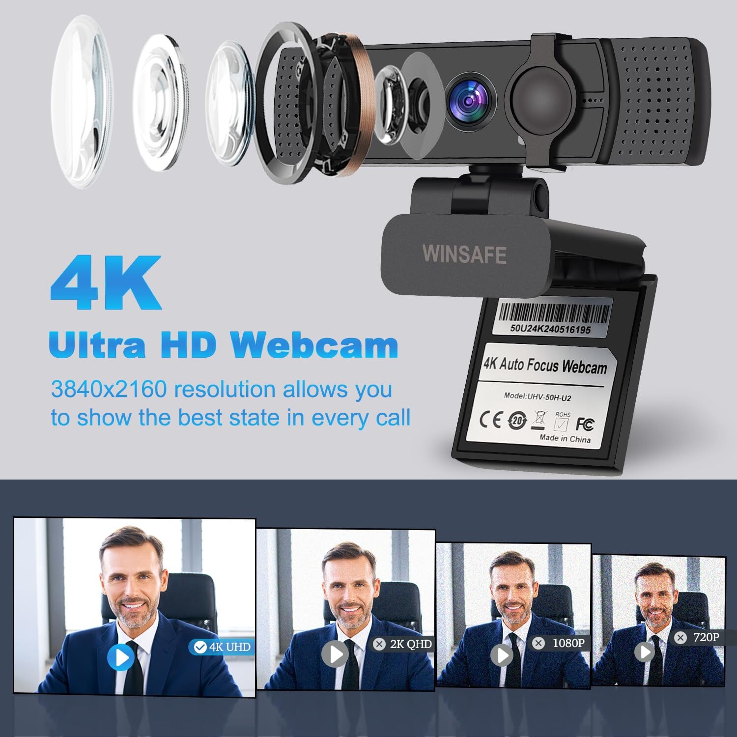 WINSAFE Webcam 4K, Ultra HD Video Calling, AI Auto Focus, Dual Noise ...