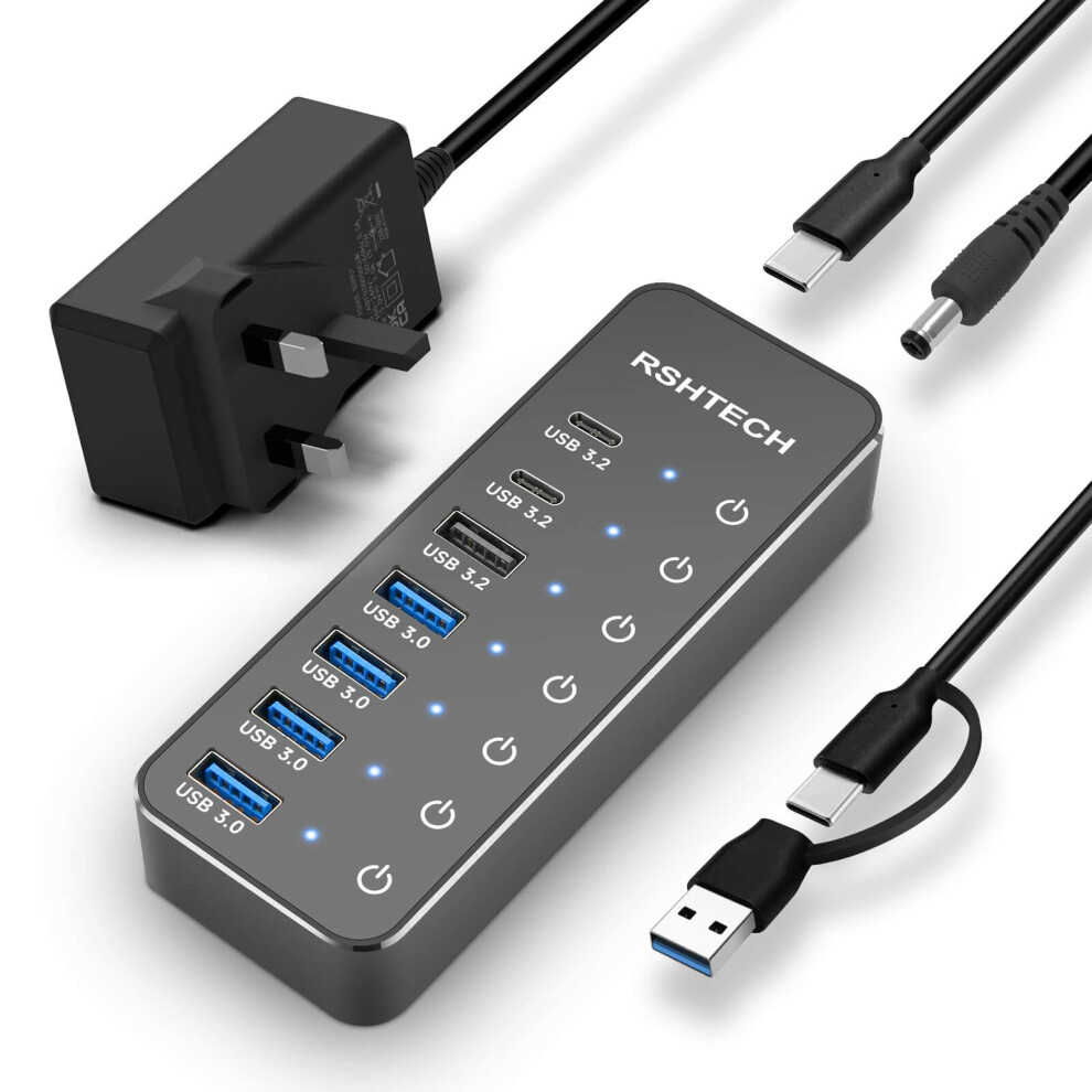 Rshtech Powered Usb Hub 3.1/3.2 Gen2, 7-Port Usbc Hub With 4 Usb 3.0, 10Gbps Usb-A & 2 Usb-C Data Ports, Aluminum Usb3.2 Splitter For Laptops, Pc And 5051219985997