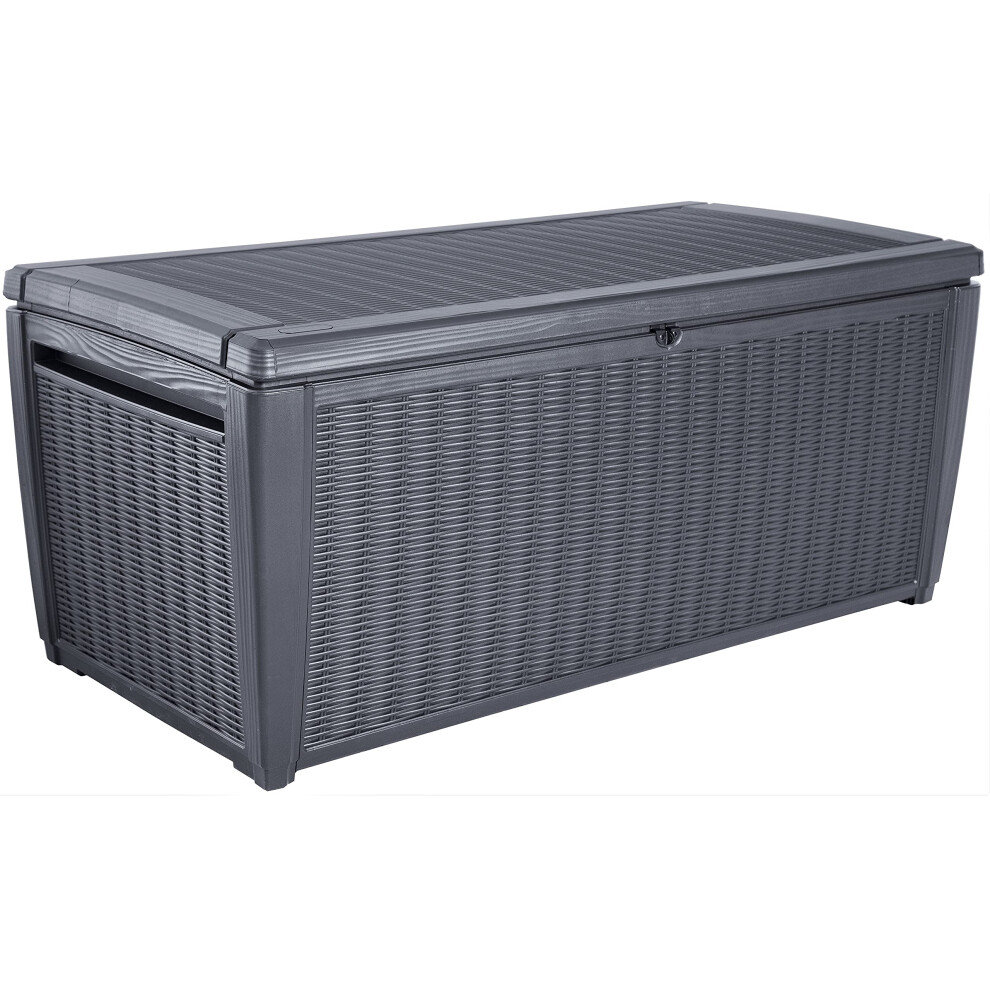 Keter Sumatra cushion box, cushion box for outdoor use, 511 L, weatherproof, grey, lid with gas lift, external dimensions 147.3 x 75.3 x 16.7 cm,