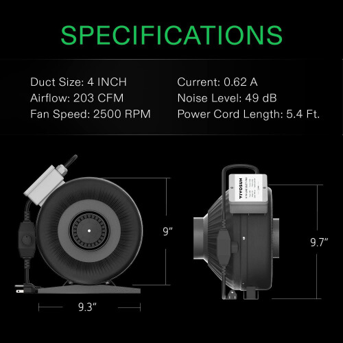 VIVOSUN 4 Inch 203 CFM Duct Inline Fan with Variable Speed Controller 1
