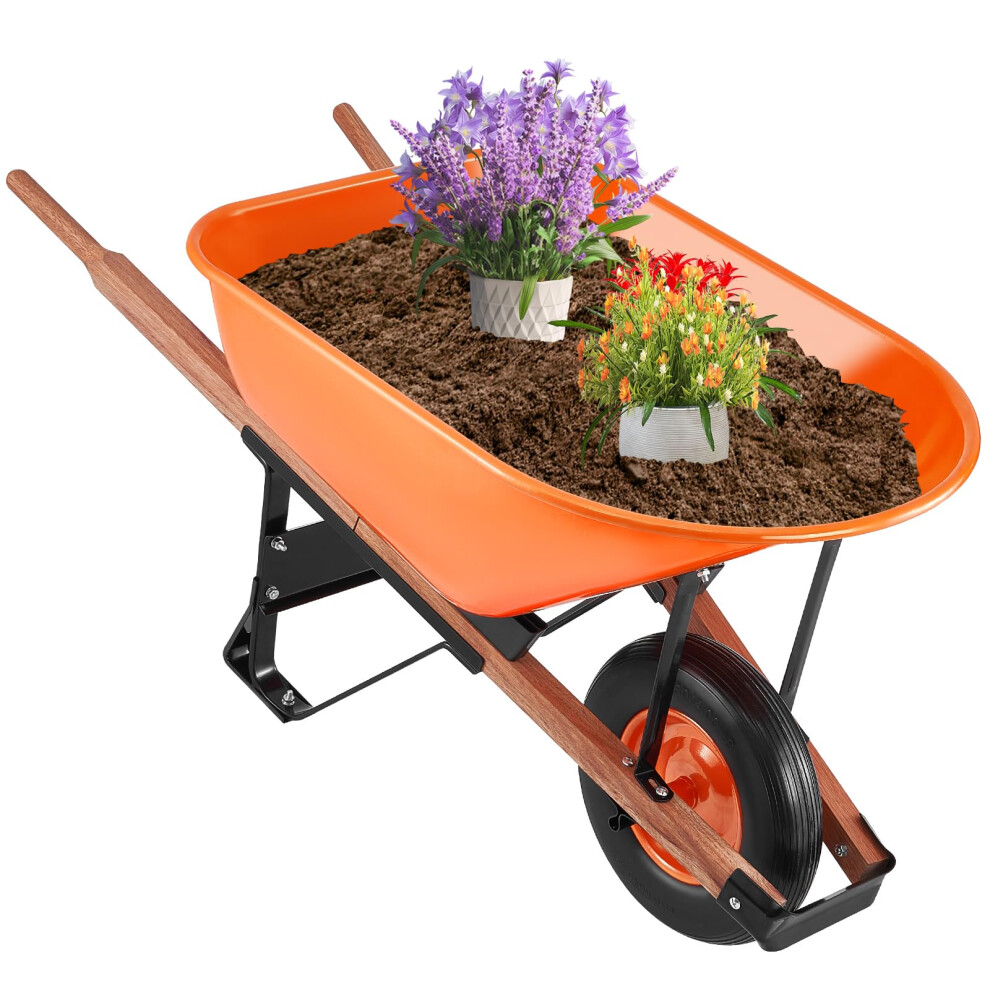 VEVOR Wheelbarrow, 6 Cu. Ft 330 lbs Capacity, One Garden Dump Barrow with Metal Handle & 16" Wide Track Wheels, Easy Loading Utility Yard Cart &