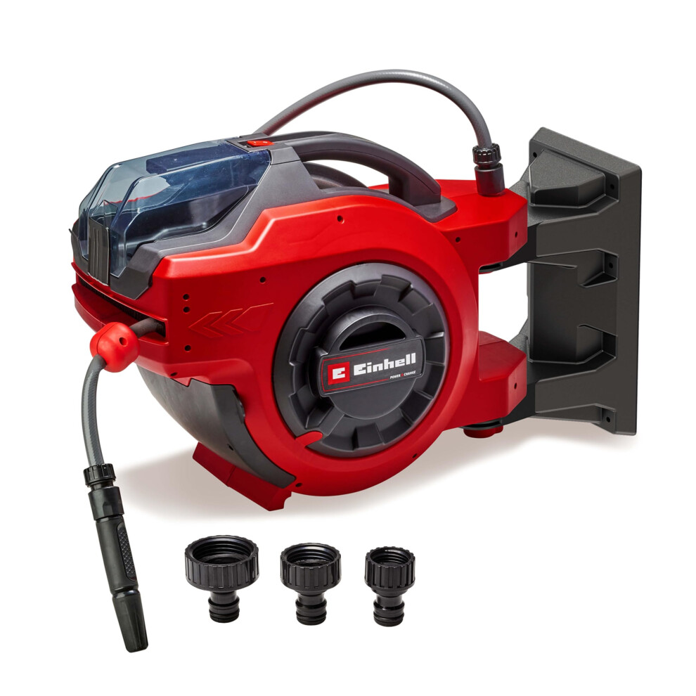 Einhell Wall Mounted Retractable Hose Reel with 30m Hose - Battery Powered Automatic Hose Retraction, Swivels 180?, 30m Garden Hose & Accessories -